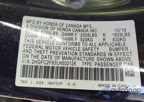 2020 Honda Civic Sport z USA, uszkodzony, nr VIN 2HGFC2F83LH502125